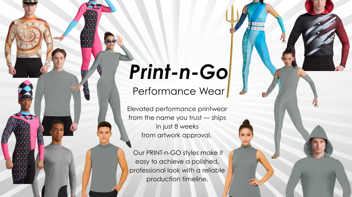 Print-n-Go Performance Wear by Algy featuring customizable marching band and color guard performance apparel, including tunics, unitards, hoodies, and tops. Custom printed garments ship in approximately 8 weeks from artwork approval.
