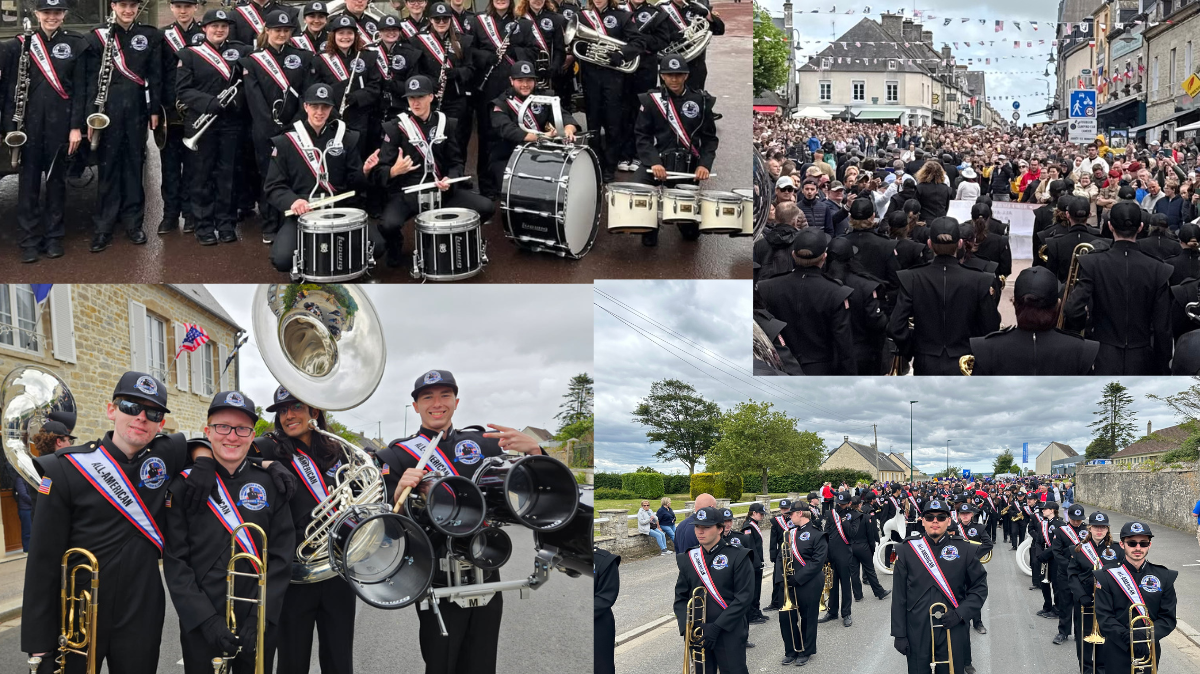 Collage of the All-American D-Day Band performing in Normandy, France, during commemorative D-Day events. Images show student musicians in DeMoulin uniforms marching through historic streets, performing in parades, and gathering with large crowds.