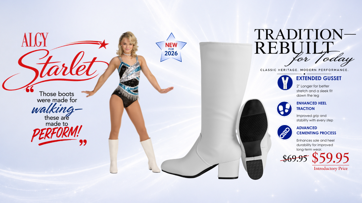 Algy Starlet white majorette boot featuring a classic silhouette with modern comfort upgrades, including an extended gusset, enhanced heel traction, and advanced cementing process. Introductory price of $59.95.