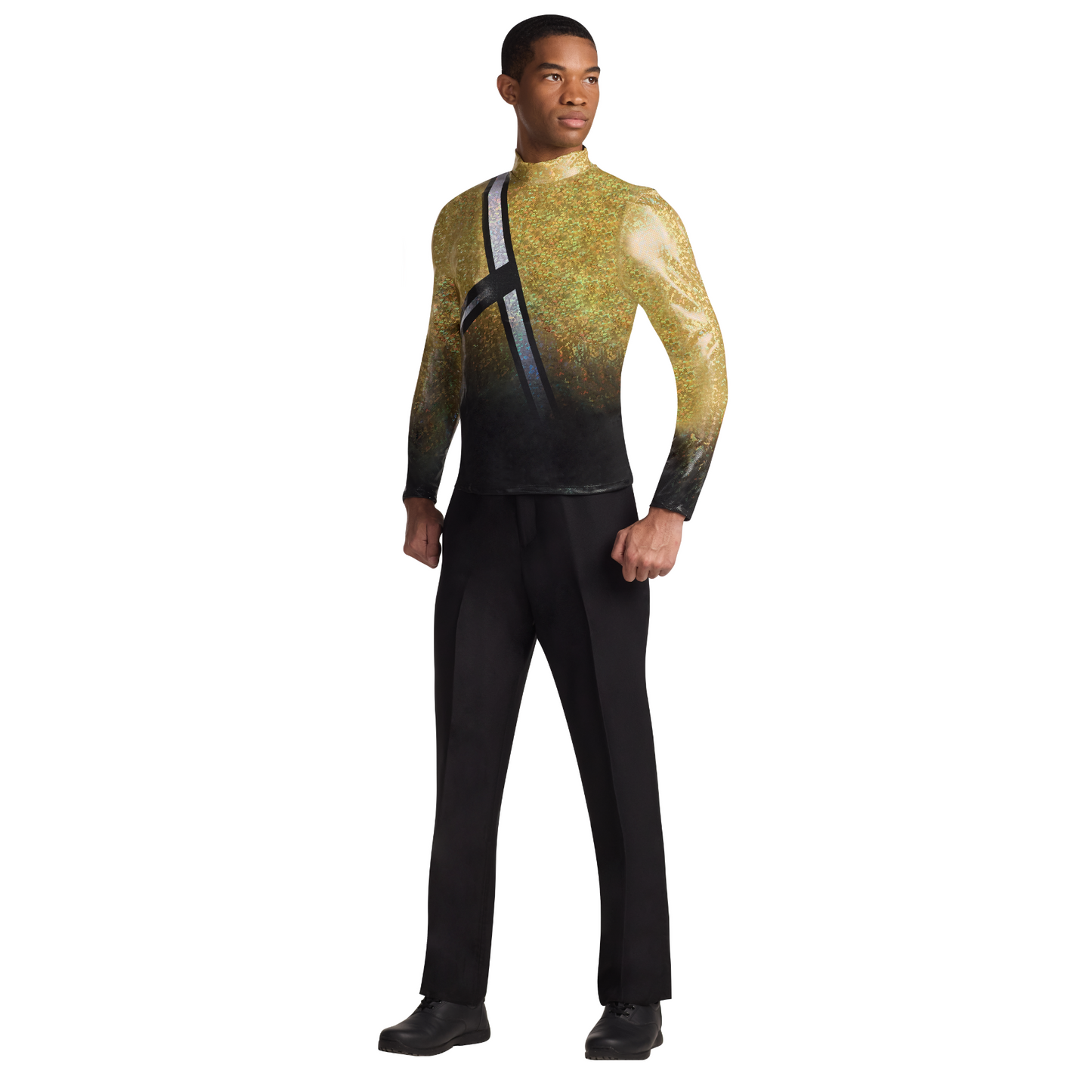 Person wearing a gradient outfit with gold, black, and green colors on a white background