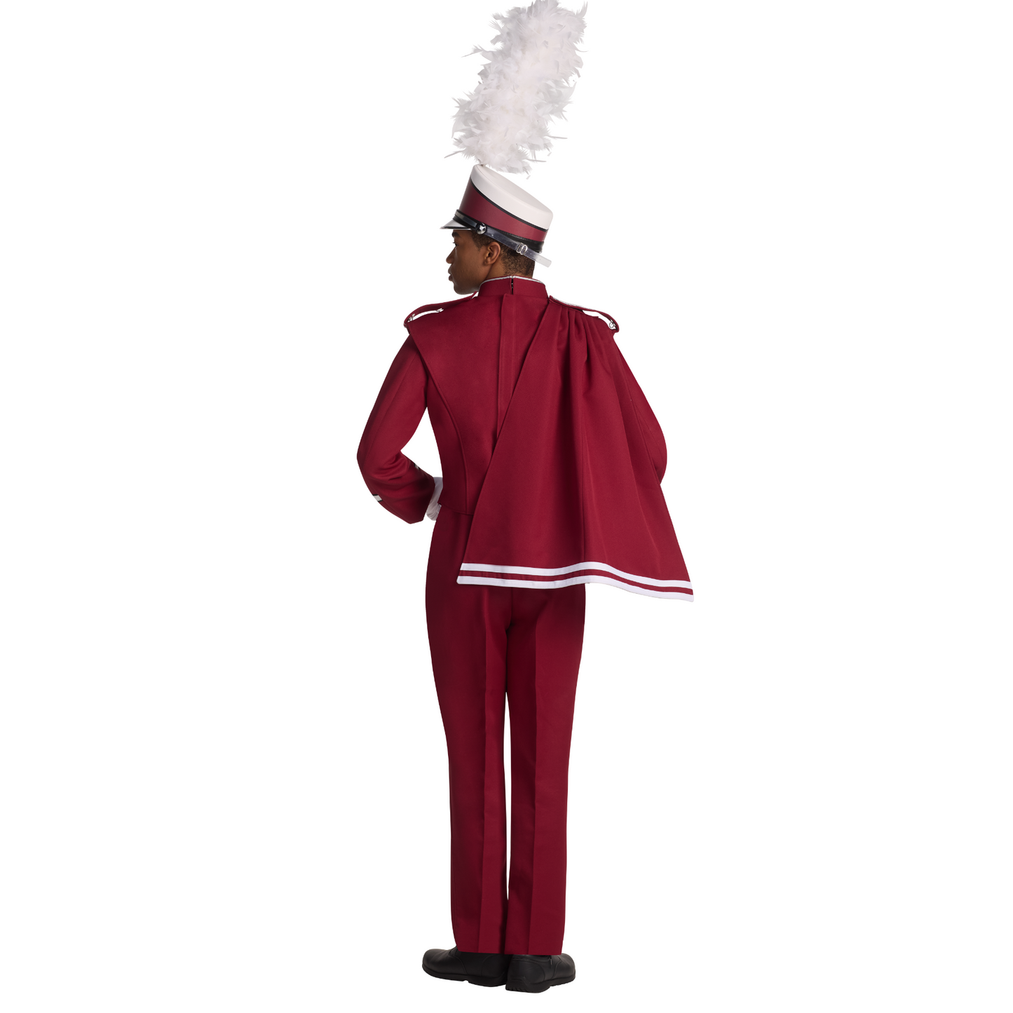 Red marching band uniform with white feathered headpiece on a white background