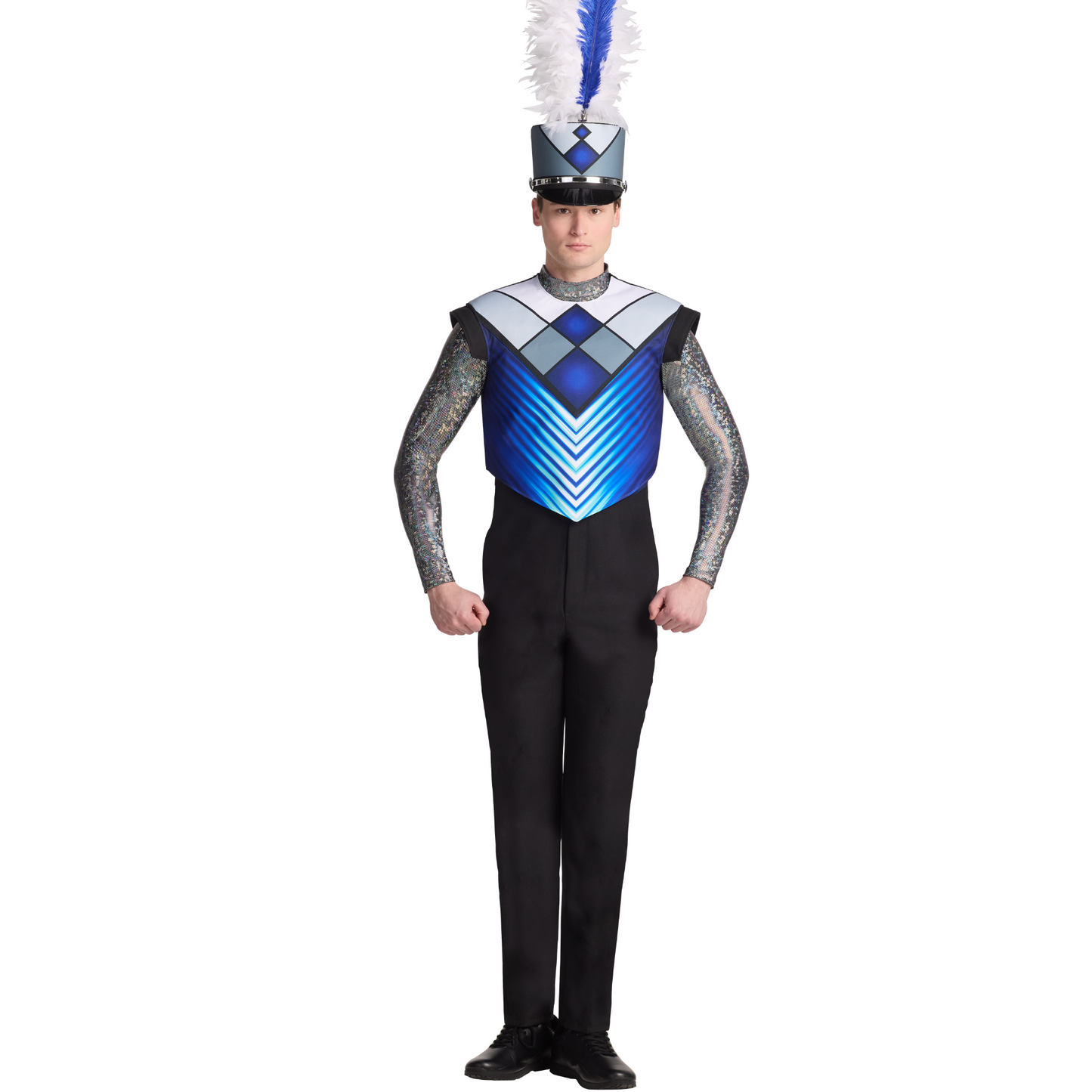 Person wearing a colorful marching band uniform with a blue and silver vest on a white background
