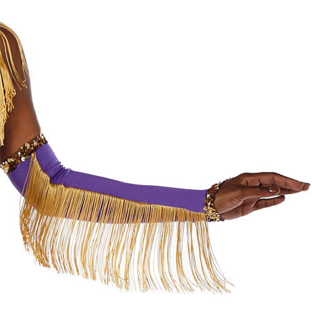 Showtime glove in white stretch spandex with sequin trim and fringe along side, elastic wrist opening, designed for performance wear. made to order