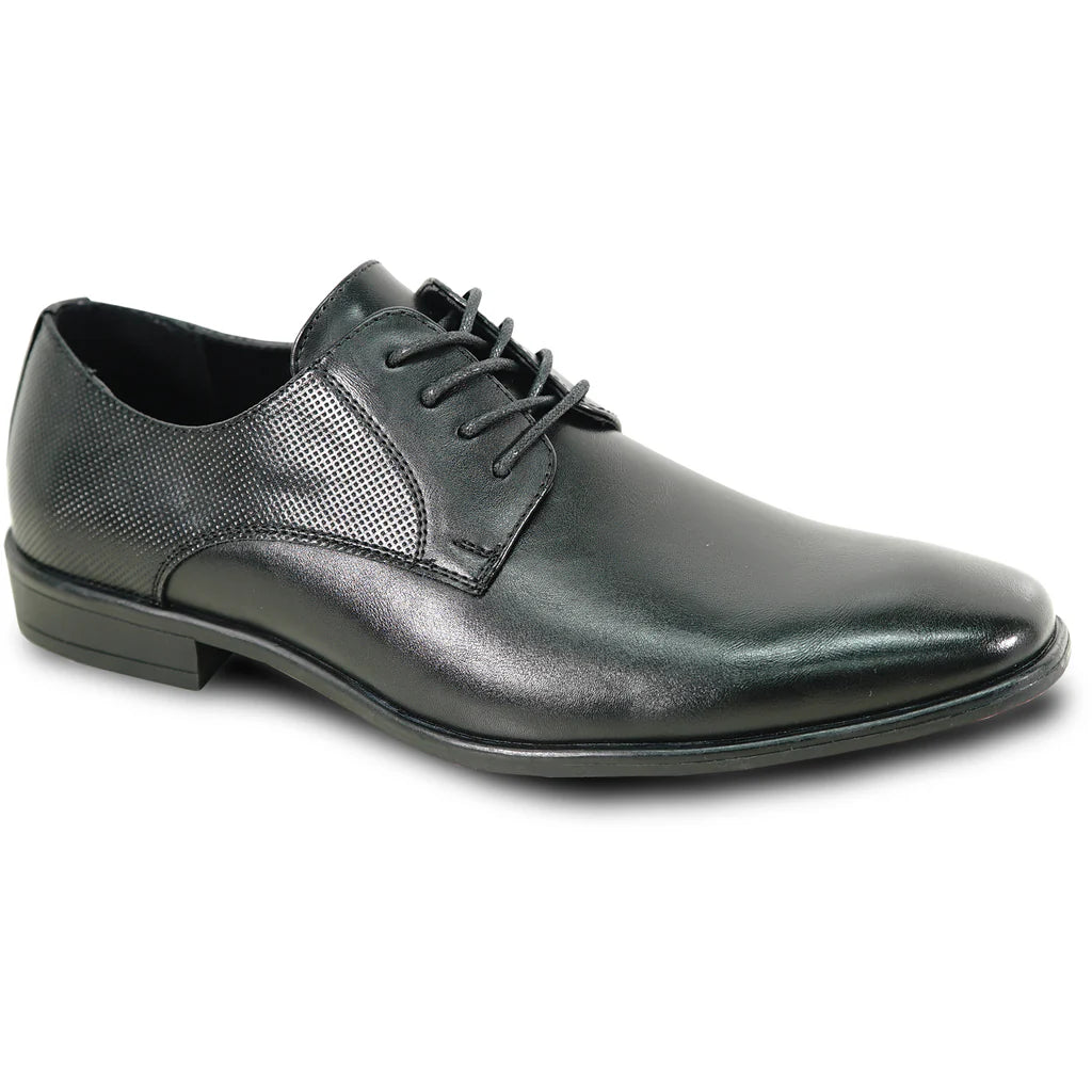 King 1 Oxford matte black marching shoe, smooth leather lace-up oxford style with subtle perforated cap toe and contrast welt stitching.
