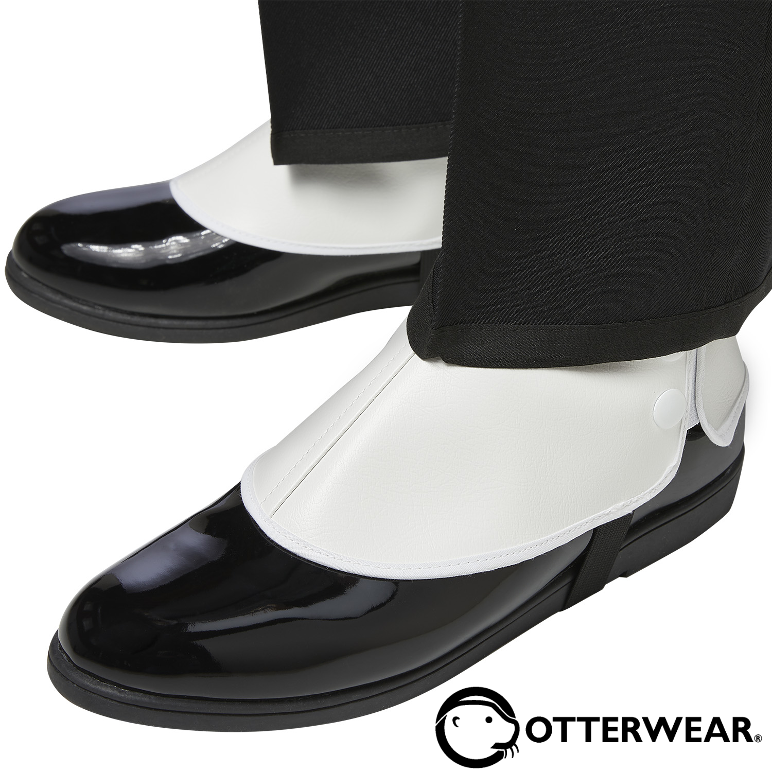 Otterwear spats are made with superior quality white vinyl and bound in white with white snap closure and black elastic.