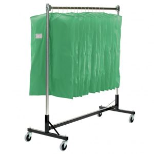 H‑style uniform storage rack with chrome-plated hanging bar, black powder-coated steel base with cross-member, and four heavy-duty swivel casters—designed for rolling full-length uniform bags