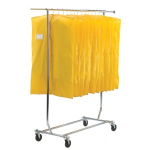 Collapsible uniform storage rack fully extended, chrome tubing uprights mounted on black metal Z-base with swivel casters, loaded with yellow garment bags—ideal for holding multiple full-length uniforms