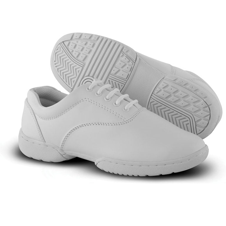 Sole‑up view of white Viper shoe displaying non‑marking rubber twin‑sole with segmented traction zones and anti‑scuff protection for indoor/outdoor use