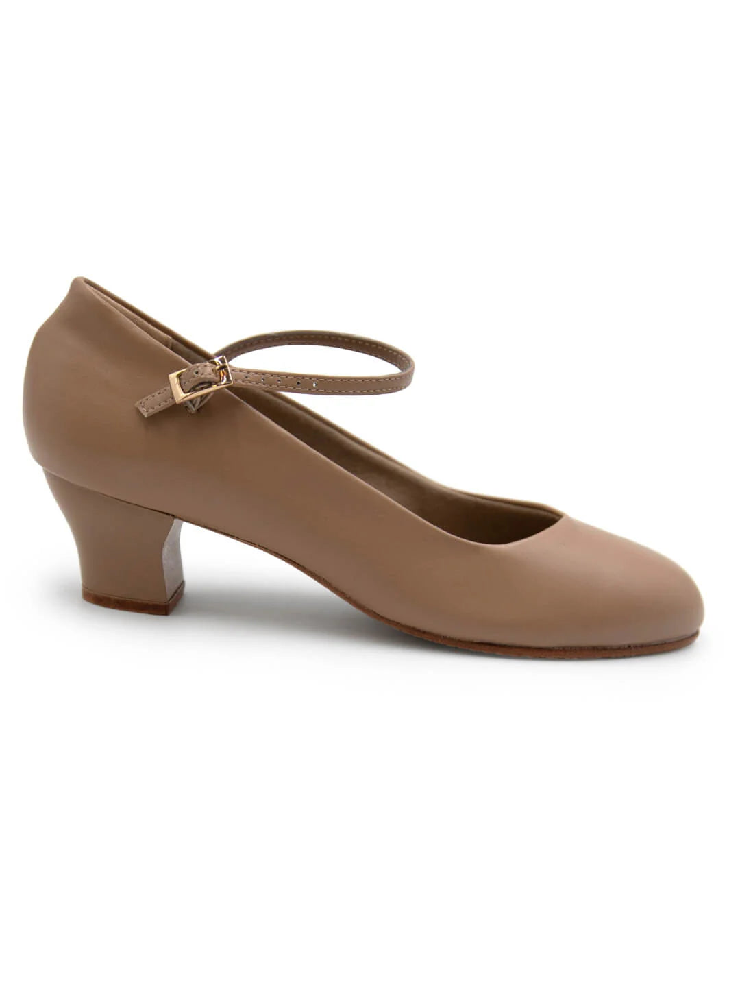 Side profile of Mia Jr 1.5″ caramel character shoe highlighting smooth upper, mid‑height sculpted heel, and clean leather sole.