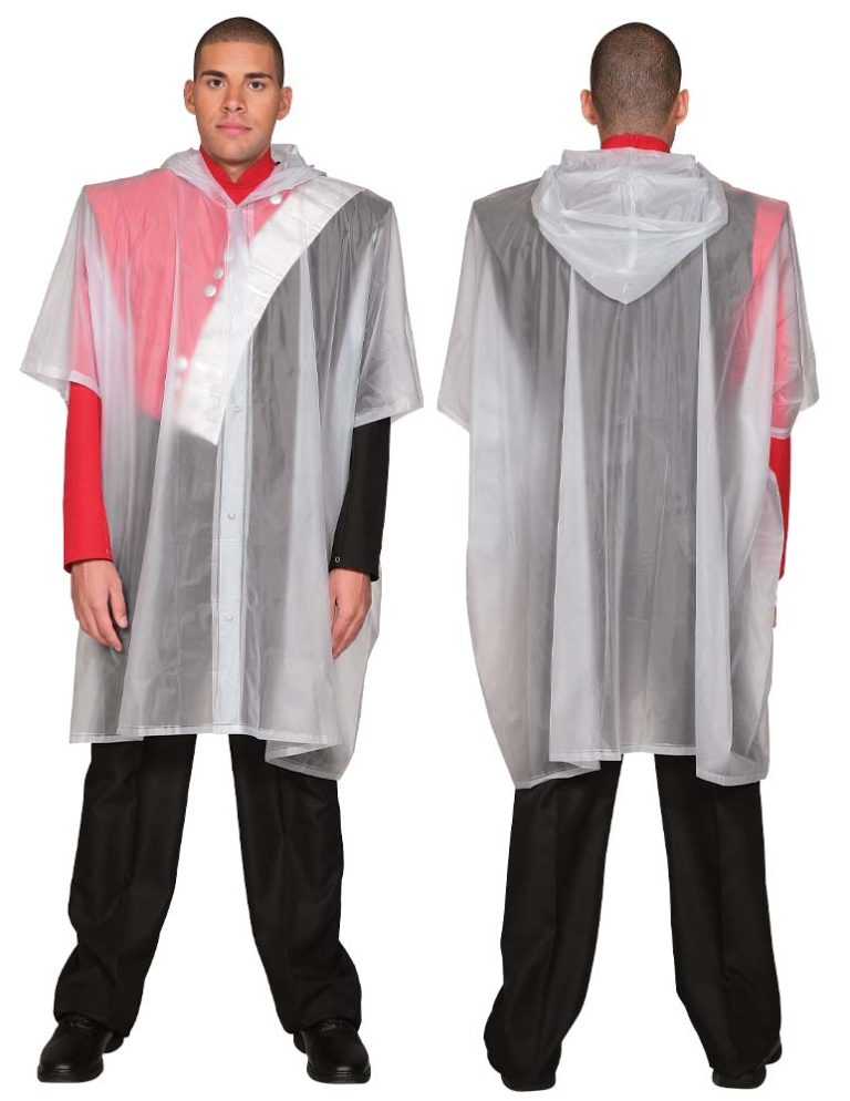 Clear vinyl poncho with hood pulled up, side snaps fastened, worn by model walking—demonstrating full front protection and mobility