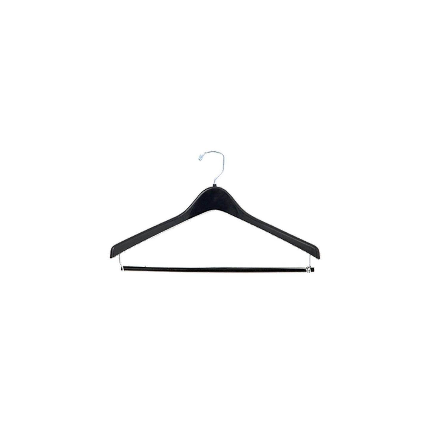 Black 17‑inch contoured plastic suit hanger with polished swivel hook and integrated locking pant bar—securely holds trousers using a locking mechanism at each end.