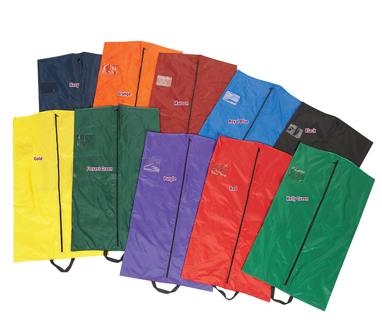 A selection of StylePlus 44‑inch garment bags in colors like yellow, navy, maroon, purple, red, and green, laid flat—each with full‑length center zipper, clear ID window, and bottom handle loop—offering team color options for uniform storage in colors navy, orange, maroon, royal, black, gold, forest, purple, red, kelly