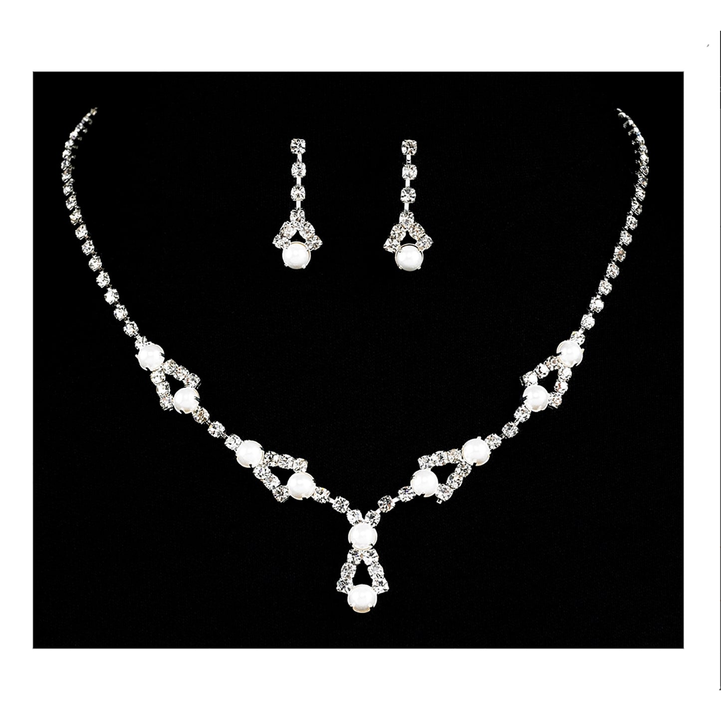 Rhinestone & Pearl Necklace with Matching Drop Earrings Set