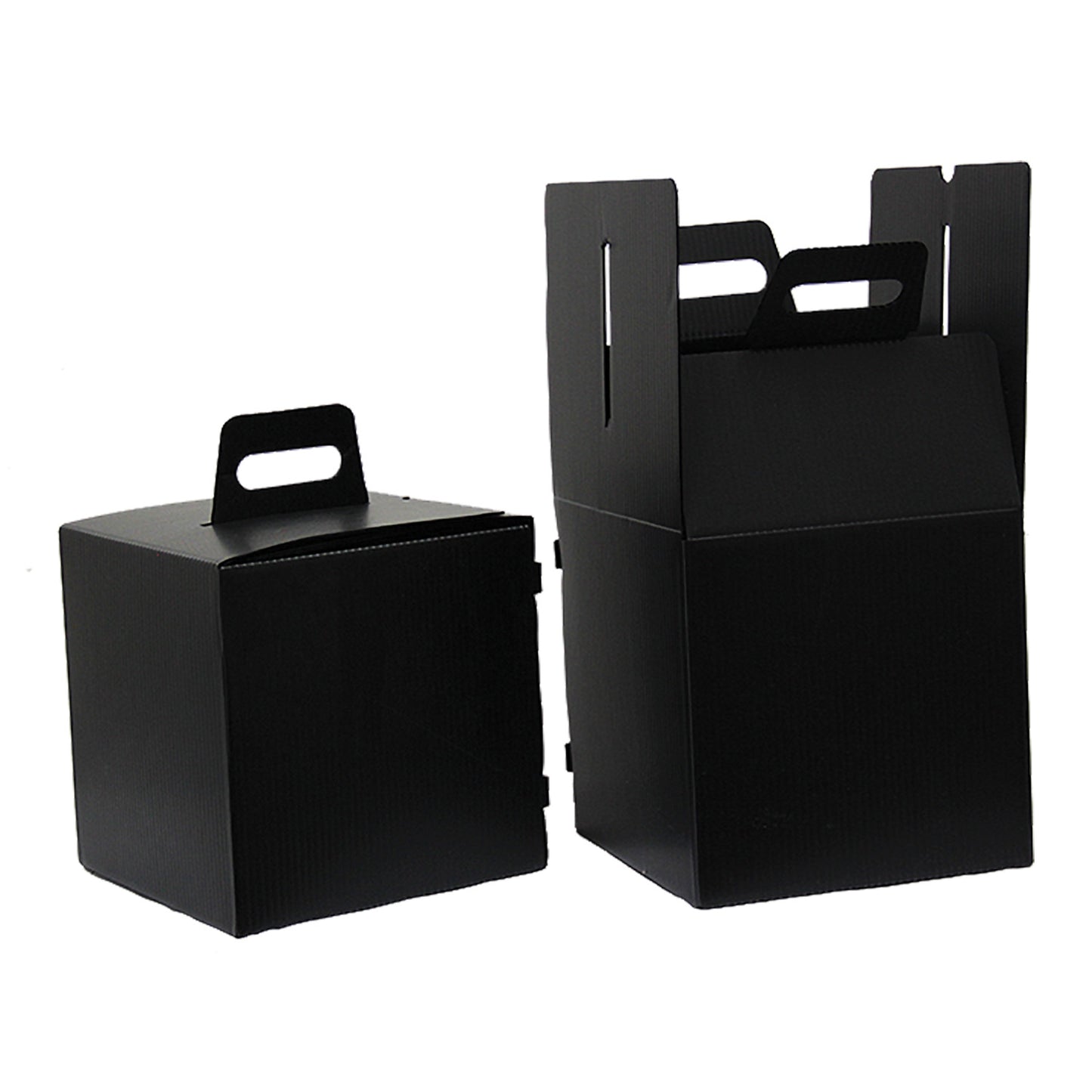 Two black extra‑tall shako storage boxes made from corrugated plastic with fold‑flat handles—left one collapsed, right one assembled to 10″ height—designed to securely hold 10″ marching shakos during transport.
