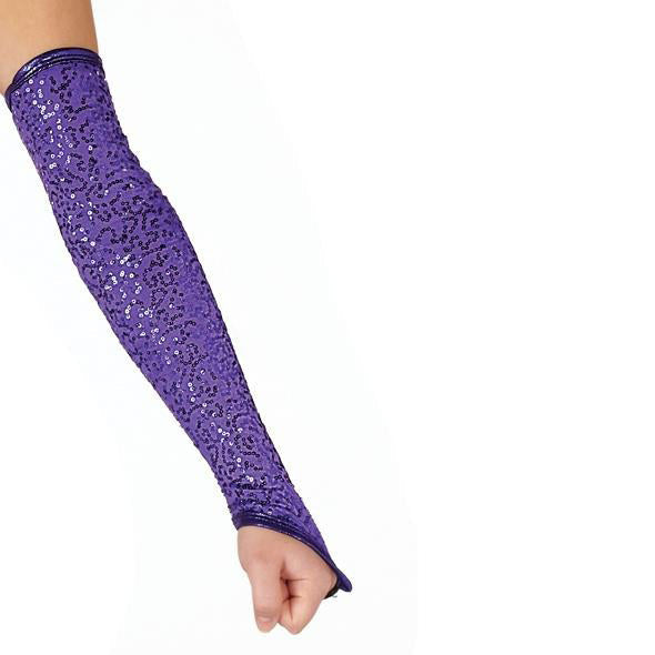 Long micro-sequin glove extending above elbow, densely covered in small shimmering sequins on stretch fabric with smooth elastic cuff—made-to-order for performance sparkle