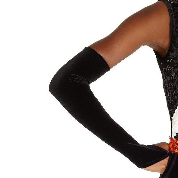 Long plush gloves stretch fabric, laid flat with full-finger coverage, and smooth seamless finish designed for guard and dance performances. made to order