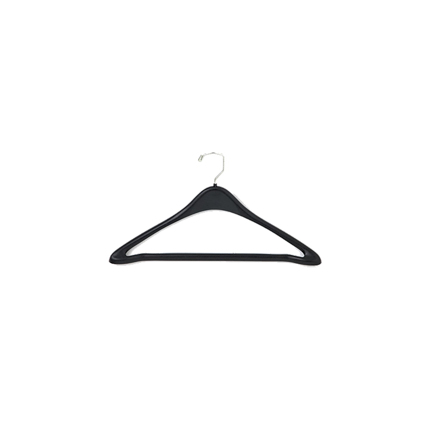 A single 19-inch black plastic hanger featuring contoured shoulders, a durable chrome swivel hook, and a flat lower bar with adhesive backing—ideal for securing pants in garment bags during travel.