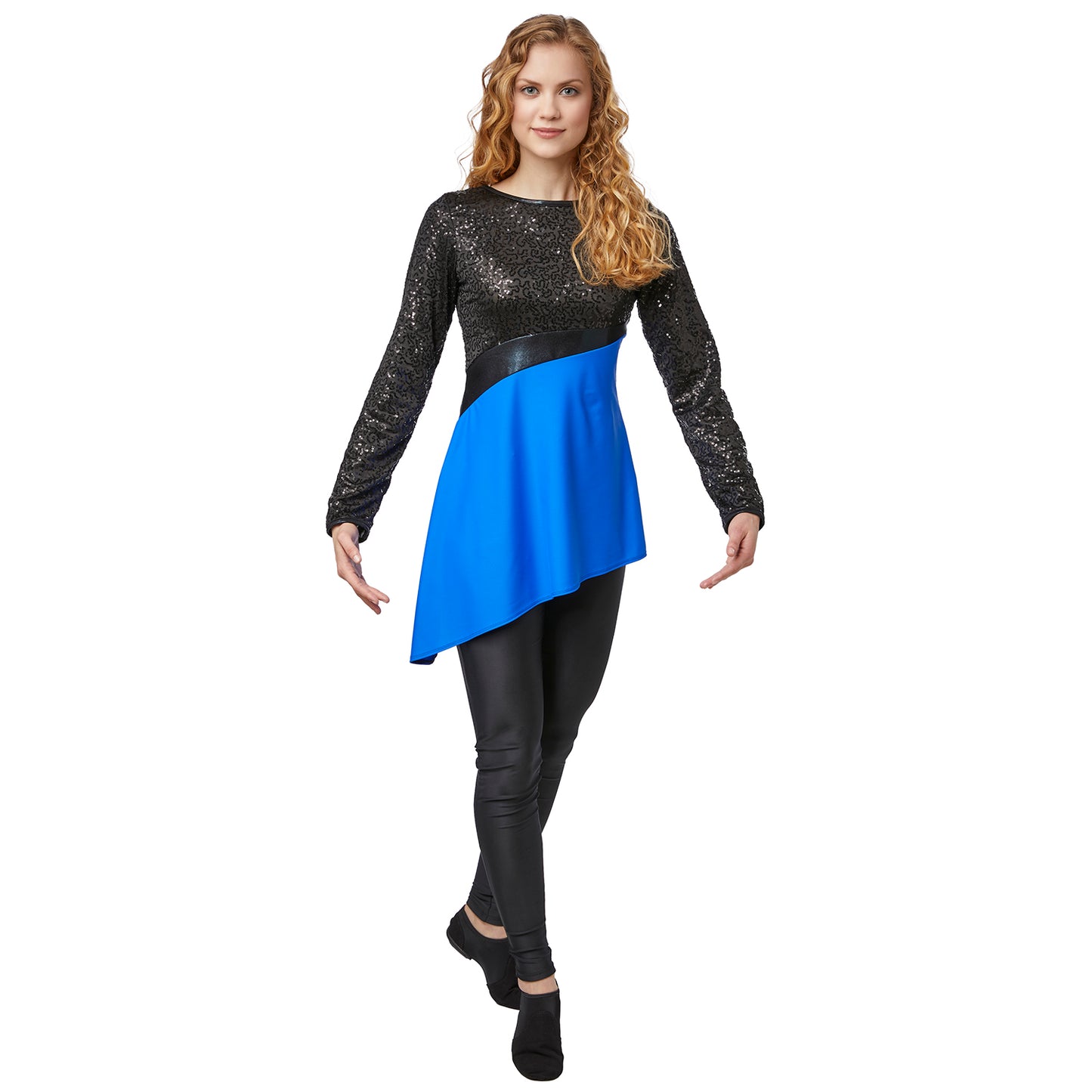 Vivace Influence ladies tunic in royal blue Mystique inset with black spandex bottom, silver micro‑sequin upper, crew neckline and flowing midi hem.