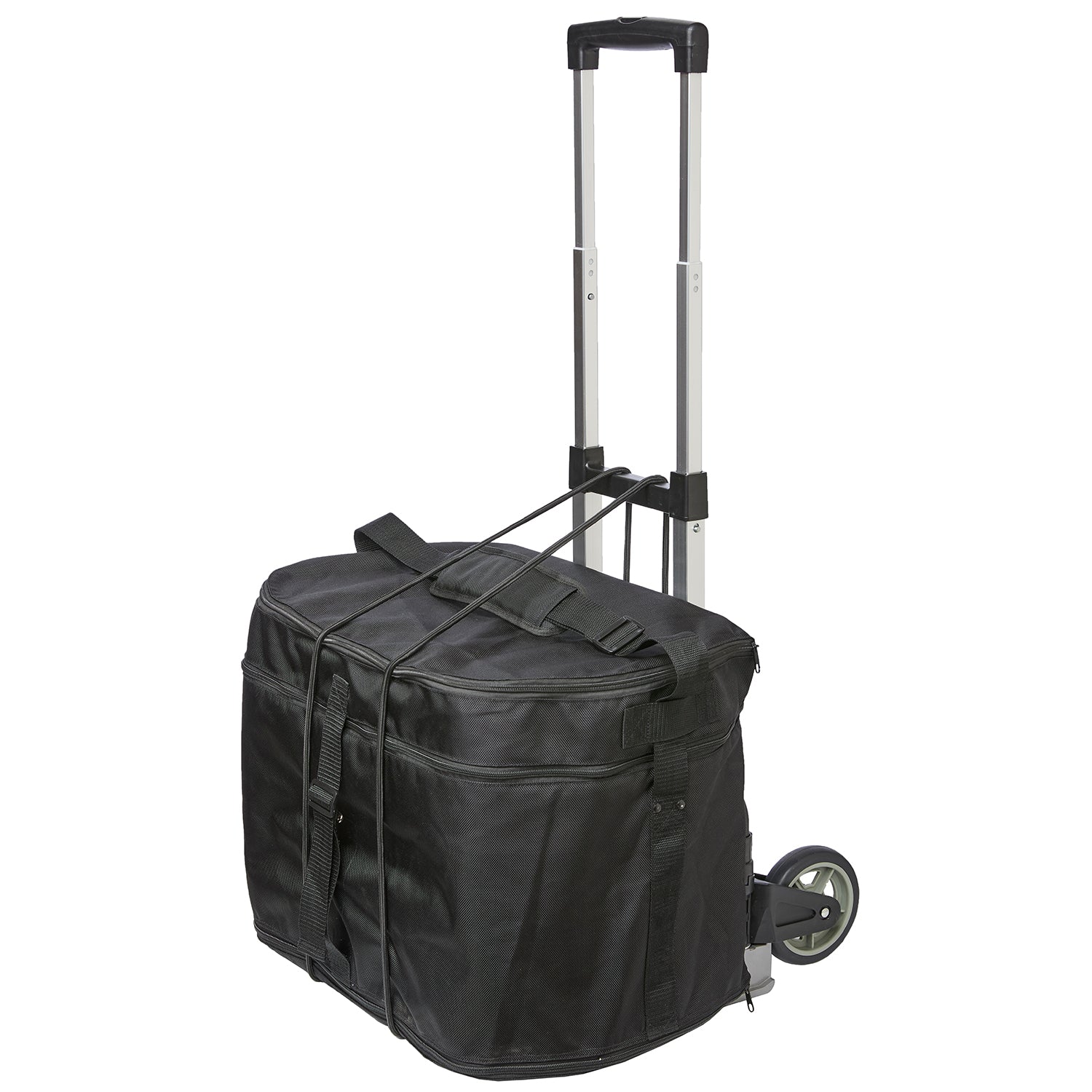 Silver aluminum and black-plastic plume cart with telescoping handle, two 8″ wheels, and elastic bungee cord to secure plume bags—designed for easy transport of color guard equipment