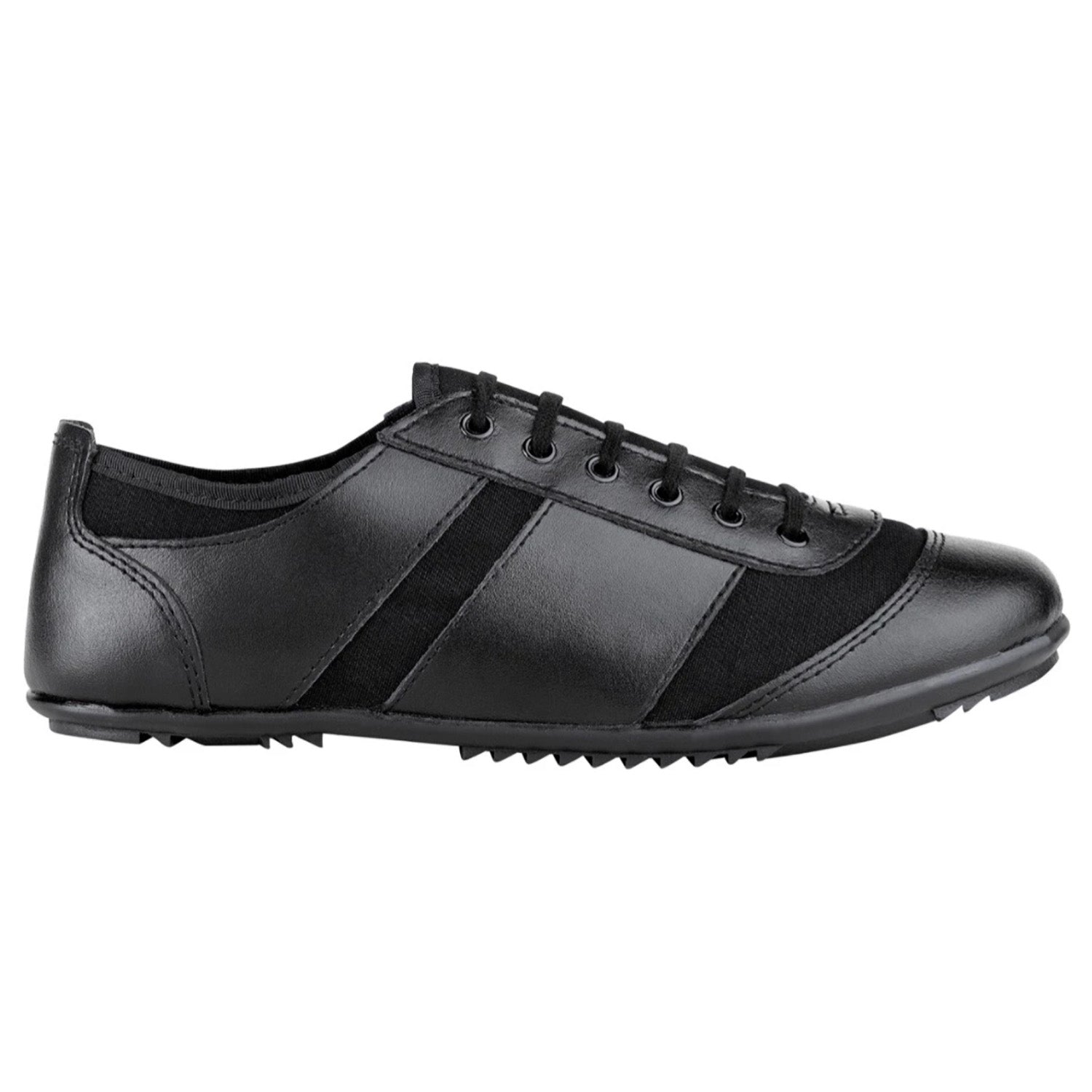 Prowler marching shoe in black/nude leather-like upper with athletic lace-up styling, padded collar, and textured rubber outsole featuring pivot point for precision drill movements.