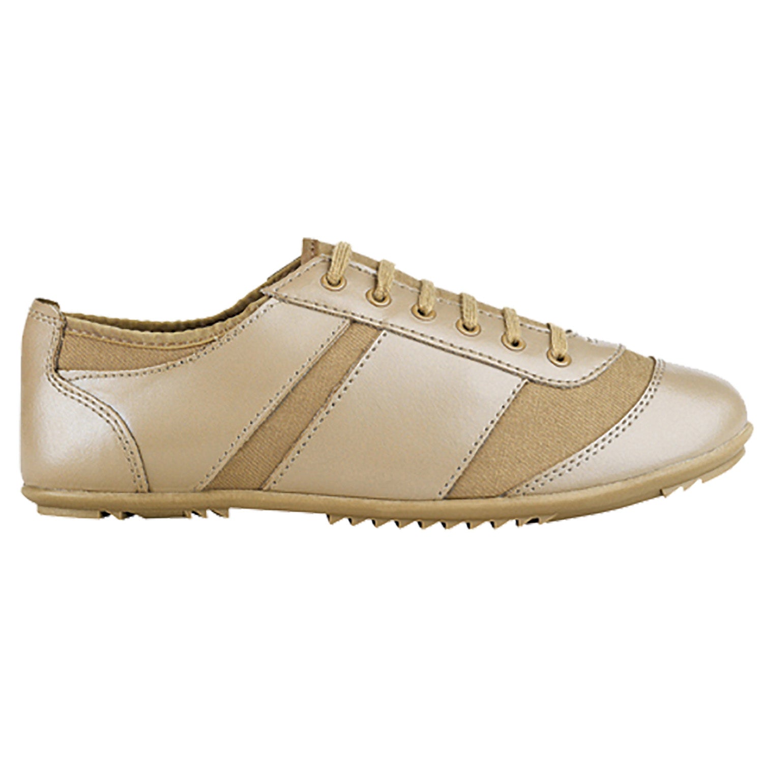 Prowler marching shoe in black/nude leather-like upper with athletic lace-up styling, padded collar, and textured rubber outsole featuring pivot point for precision drill movements.