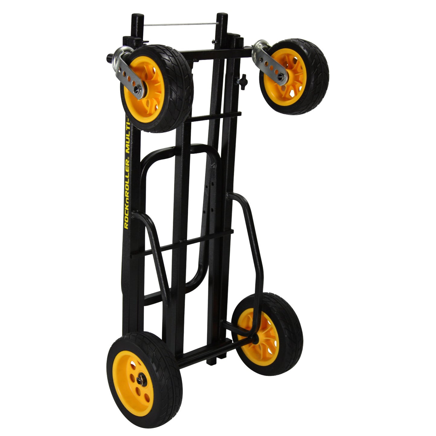 Side-angle view of RocknRoller multi‑cart showing sturdy steel deck platform, yellow tire treads, stabilizing side bars, and push handle—highlighting build quality and outdoor mobility