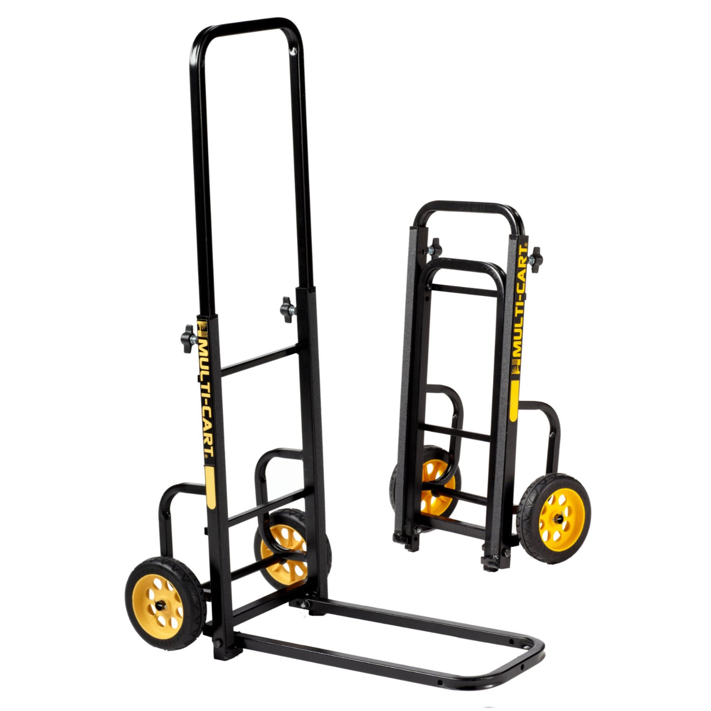 RockNRoller RMH1 mini handtruck in upright position, black powder-coated steel frame with fold-out side arms, two 10″ foam-filled wheels, and push/pull handle—ideal for transporting medium gear and equipment cases.