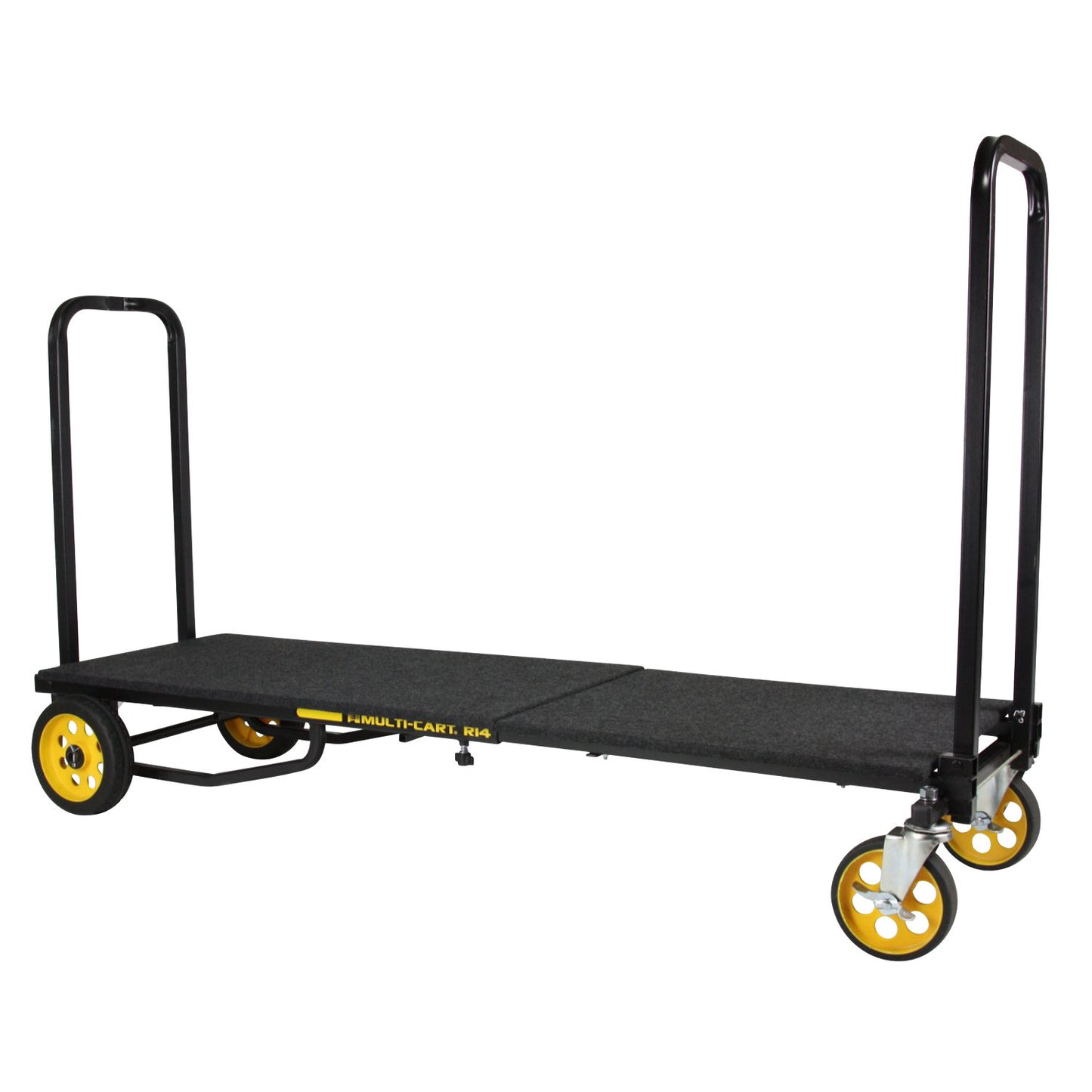 Carpeted RockNRoller solid deck fully extended on a cart frame, showing support uprights and yellow-rimmed wheels—ideal for transporting AV gear and small items securely