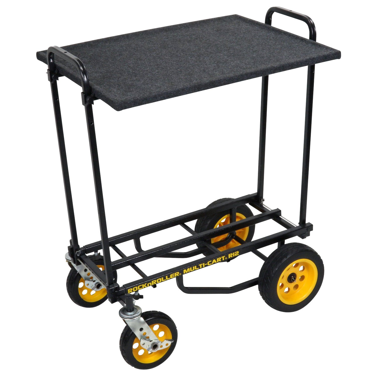Black 2‑tier multimedia shelf kit mounted on a cart, featuring a spacious lower work platform and a smaller upper shelf—each carpeted, supported by steel posts, and fitted for use on R8/R10/R12 Rock N Roller carts.