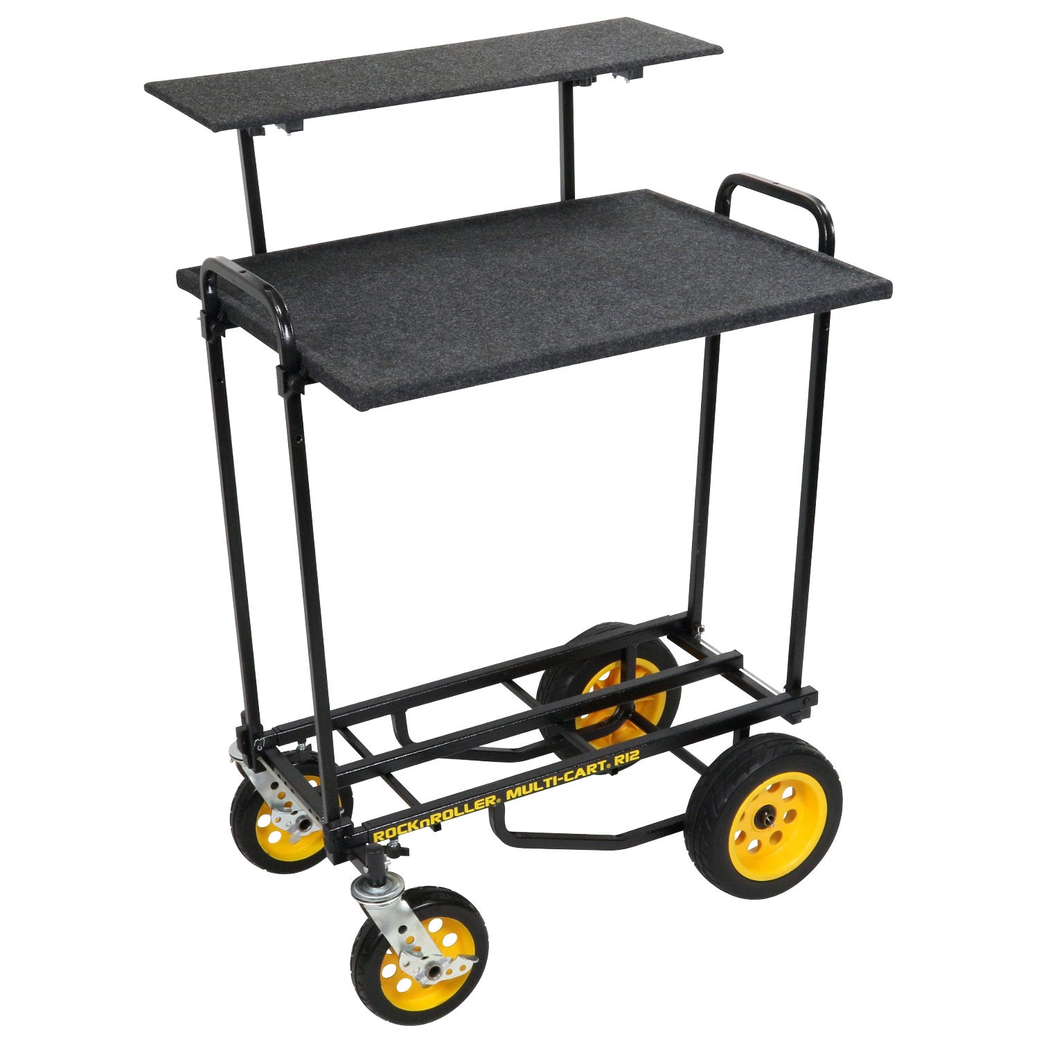 A 2 Tier Multi Media Shelf with black color, featuring a top shelf and two lower tiers, mounted on a set of four caster wheels, with two wheels having yellow rims.