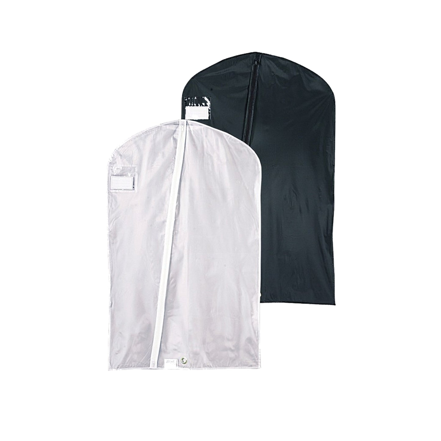 Black StylePlus 40‑inch economy garment bag in vinyl with full-length diagonal zipper, top hanger slot, and clear ID window at upper left—designed to protect uniforms during storage or Clear 40‑inch StylePlus economy garment bag made of transparent vinyl, featuring a diagonal zipper, hanger access slot, and visible clear ID window for easy content identification