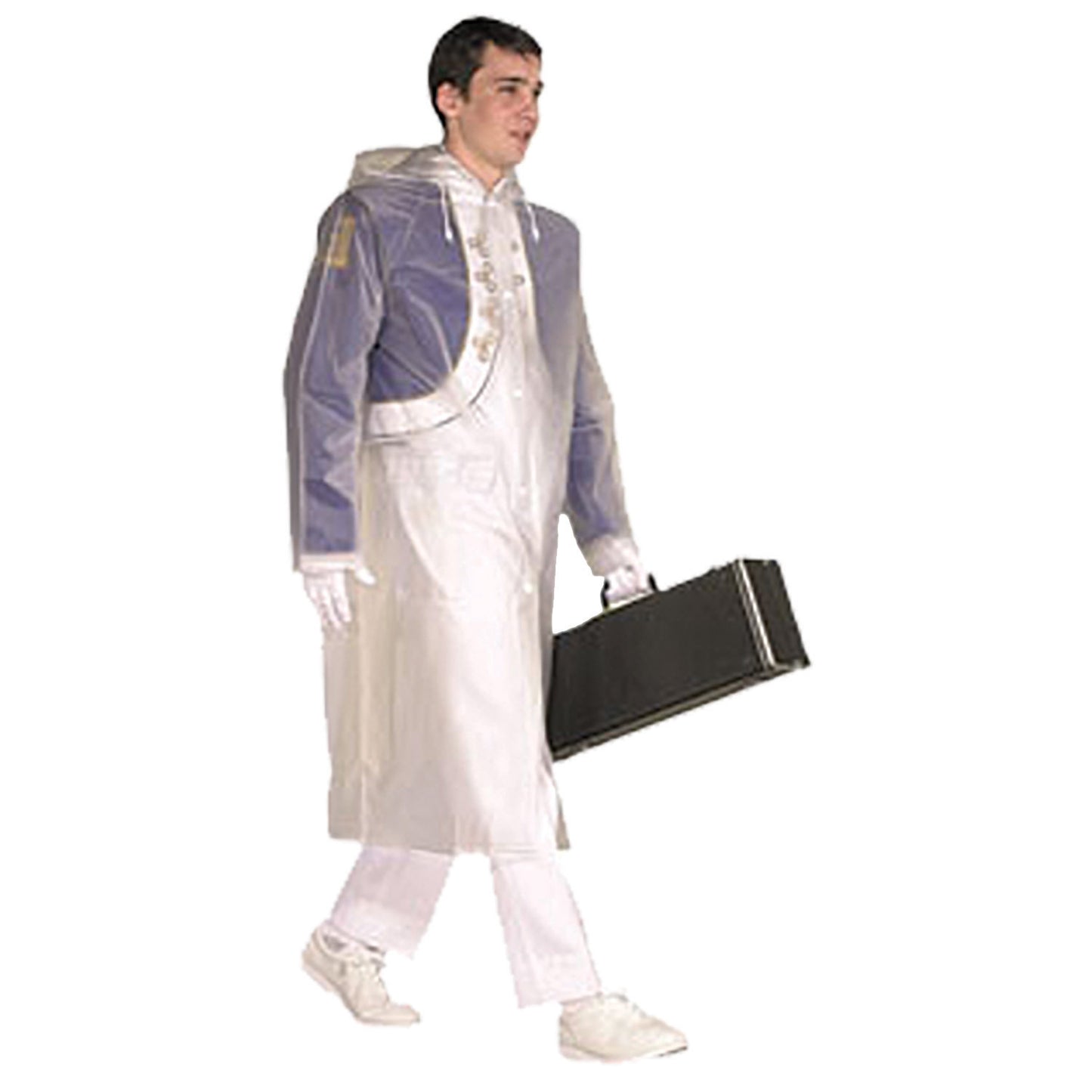 Model wearing clear StylePlus Economy vinyl raincoat over uniform, featuring centre-front snap closure, attached hood, two front flap pockets, and mid-calf length—designed for easy layering and full-weather protection