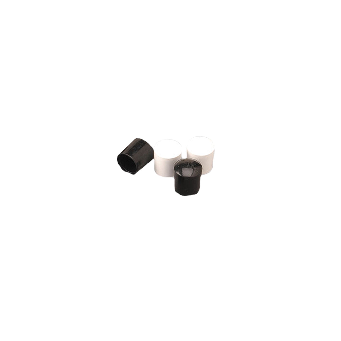 Two black and two white plastic replacement caps for 1-inch flagpole shafts, featuring hollow interior fit and smooth exterior, designed to refresh worn tips and provide protective end caps
