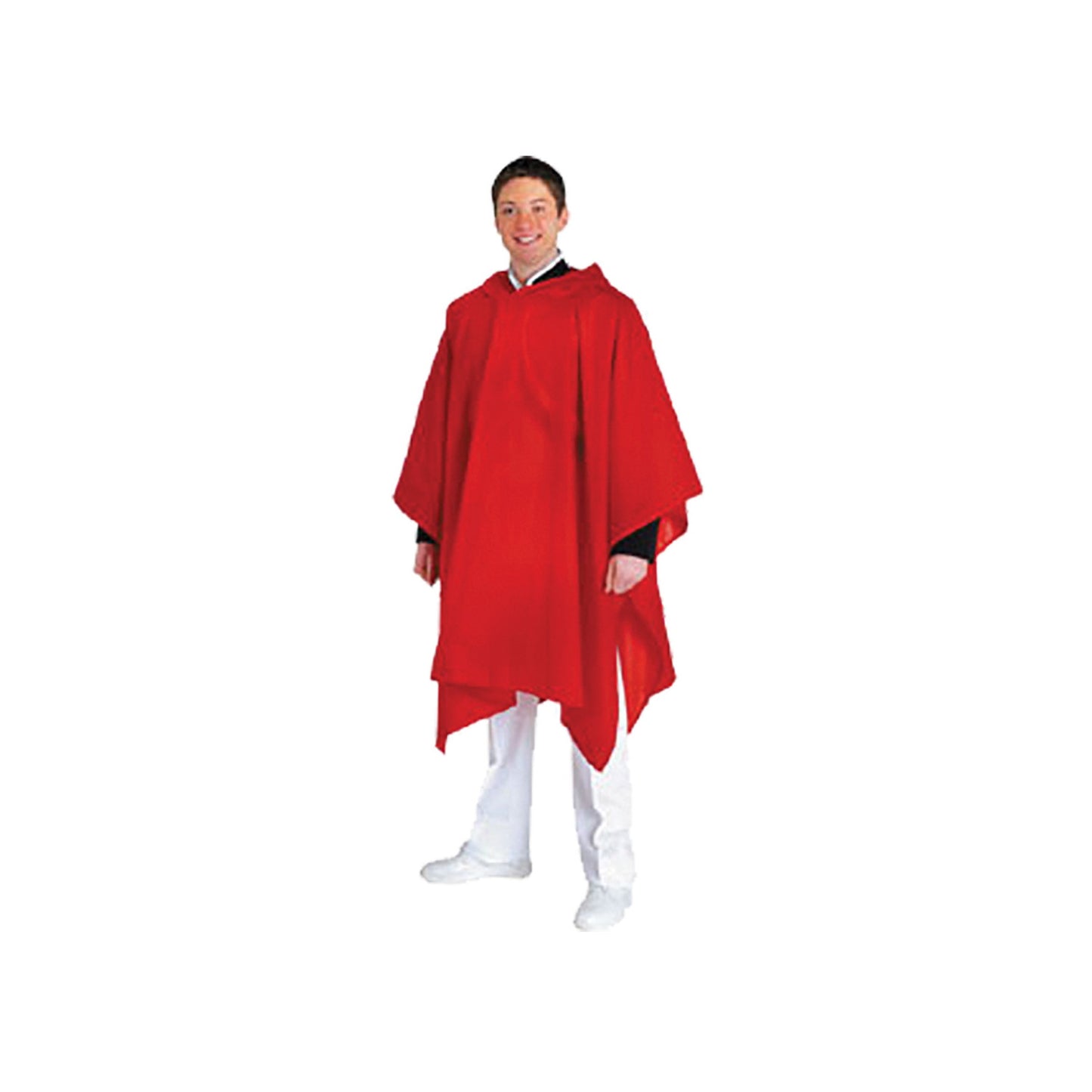 Front view of StylePlus Spectra‑Lite poncho in red, featuring formed hood, mid-thigh length, and side snap closures—lightweight 200-denier nylon with PU coating for rain protection over uniforms. in colors red, maroon, orange, gold, kelly green, forest green, navy, royal, purple, black, brown, white, grey