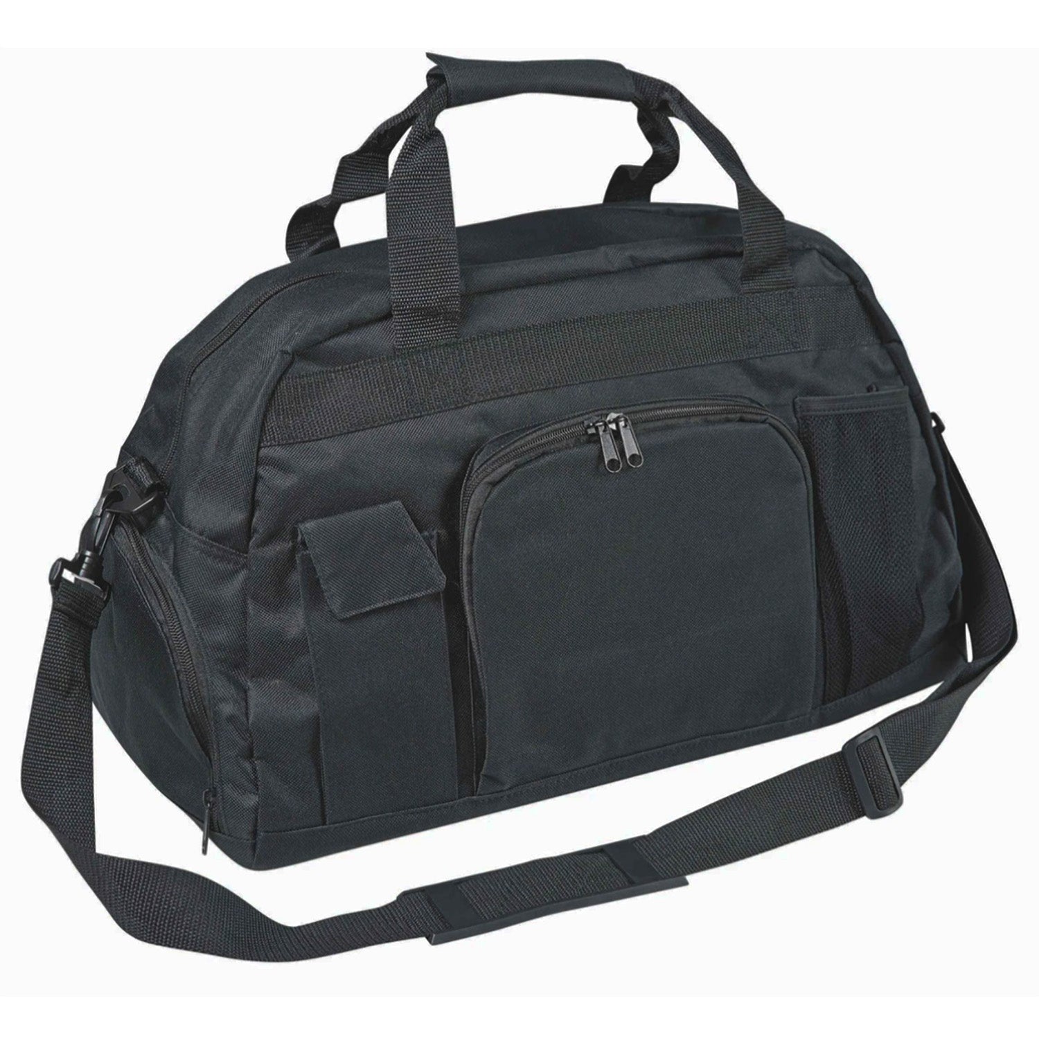 Black Super Day Pack made from 600‑denier nylon with PVC backing, featuring dual carry handles, adjustable shoulder strap, front mesh zip pocket, side pouches, and reinforced plastic bottom—ideal for storing shoes, outfit, makeup, and water bottle with compact 19″ × 11″ × 10.5″ size