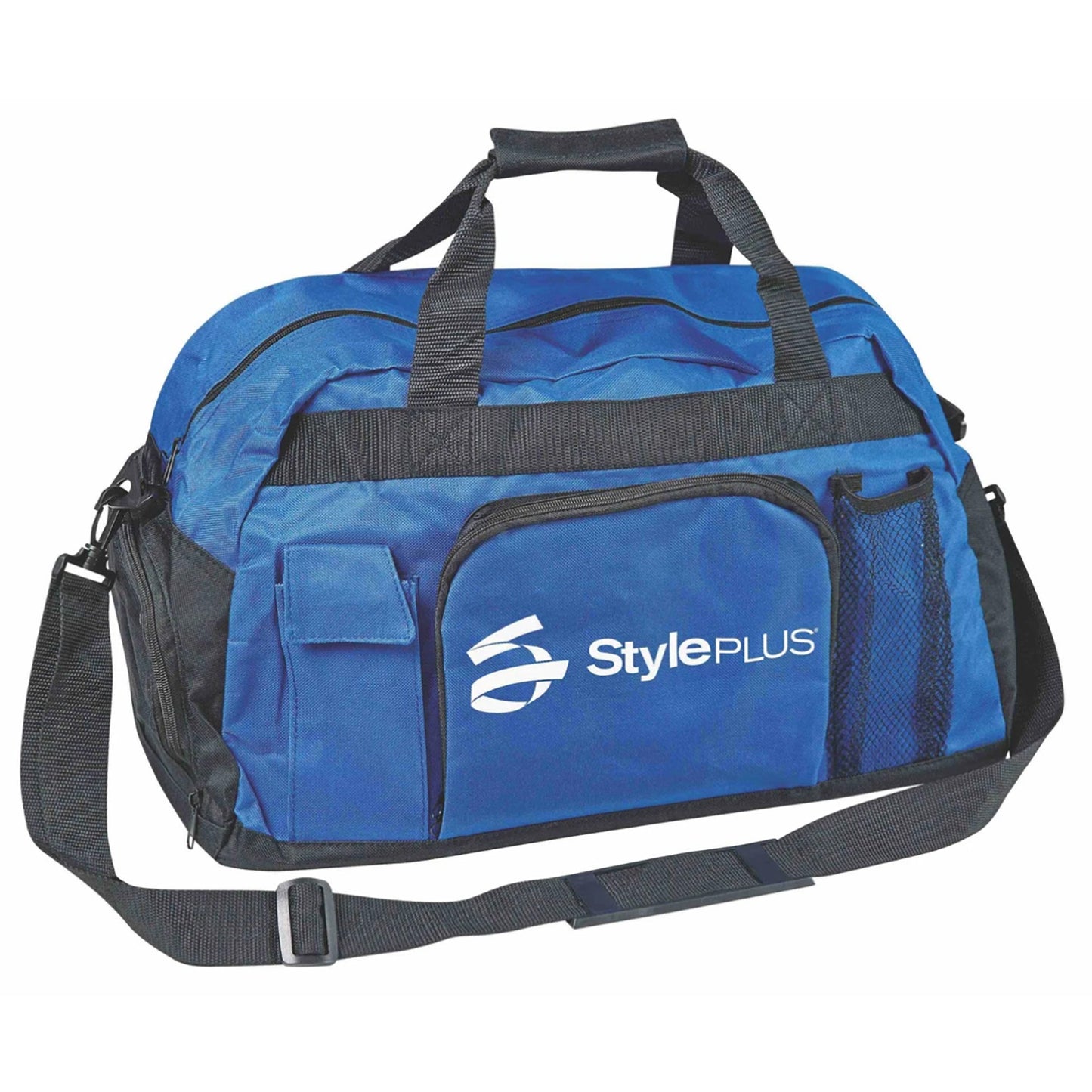 Black Super Day Pack accented with royal-blue panels, built with 600‑denier nylon and PVC backing; includes dual top handles, detachable shoulder strap, front zip pocket, side cell phone holder, and plastic base—designed for away games, practices, or campus travel