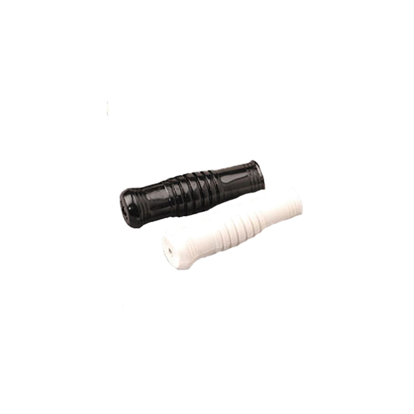 Two cylindrical StylePlus handle grips, one black and one white, with textured ribbed surface and tapered ends—designed to slide over 1″ poles or baton handles for improved comfort and grip.