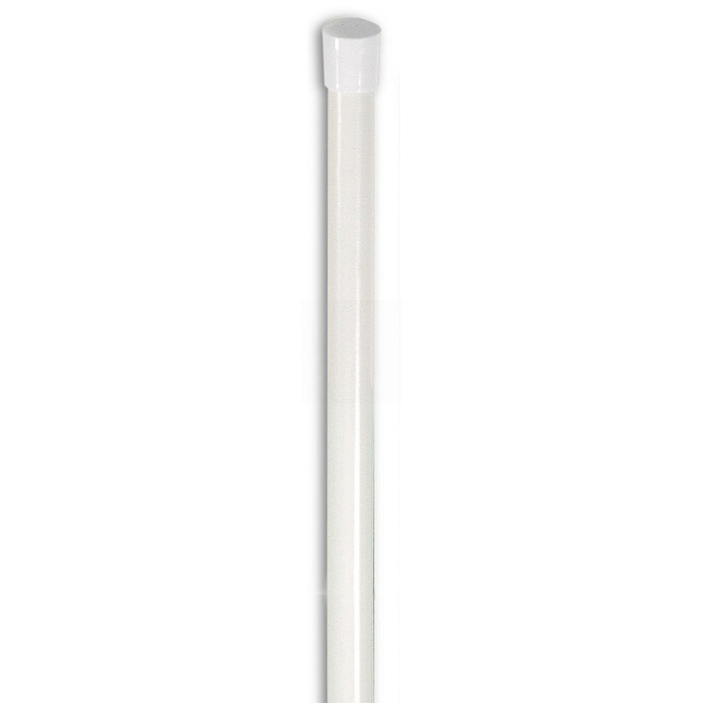 Close-up of a single white fiberglass pole with a smooth black rubber end cap—showing capped ends that protect fabric and secure fit for flag mounting