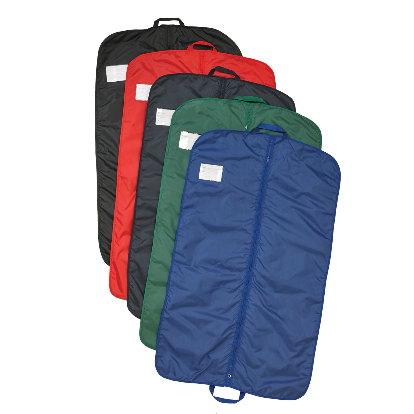 Black Vivace 47″ garment bag made of durable 600-denier nylon featuring a full-length center zipper, top hanger slot, two front zippered pouches (one small, one larger), and reinforced bottom handle—designed to hold uniforms and accessories. in red, black, navy, royal, green