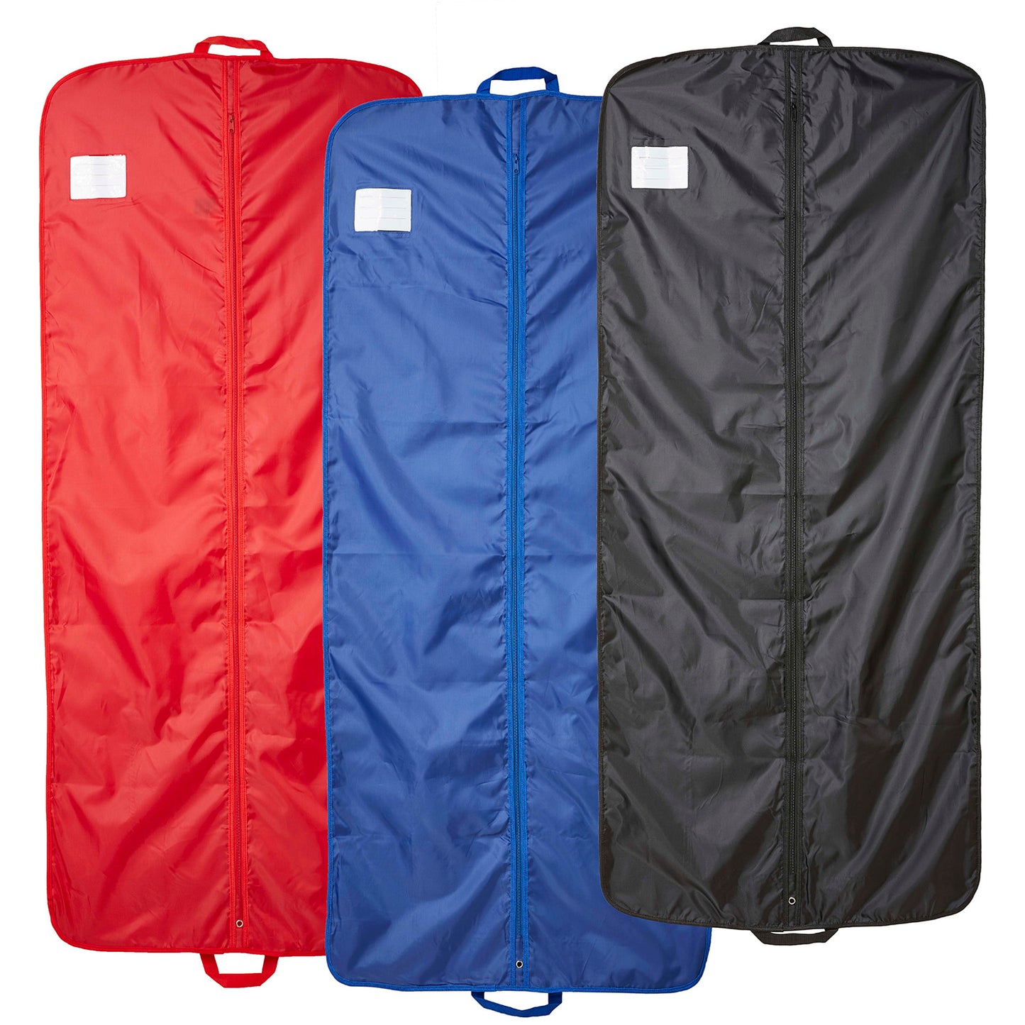 Three 65‑inch Vivace dress garment bags in red, royal and black polyester laid side by side, each with full-length zipper, top hanger port, bottom carry loop and large clear ID pouch—ideal for long dress transportation