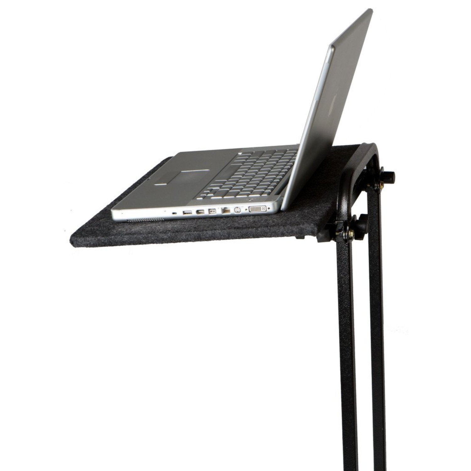 Mobile Harmony Station laptop shelf mounted beneath performance cart top, featuring black steel shelf surface with safety lip, supporting a keyboard and amp below—designed for marching band field use with caster mobility.