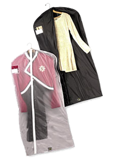 Clear vinyl 65‑inch garment bag showing full-length diagonal zipper, top hanger opening, and mesh backing—containing a marching uniform to illustrate storage and protective use