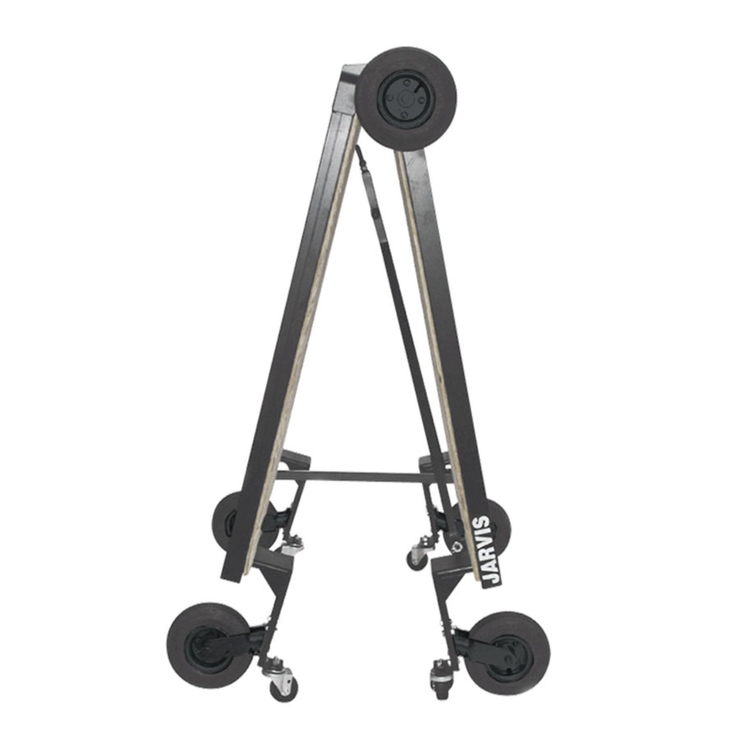 Folded Jarvis Mobile Percussion Platform standing upright like an A-frame; black powder‑coated steel frame with four 8″ swivel casters and two fixed wheels—compact for storage and transport