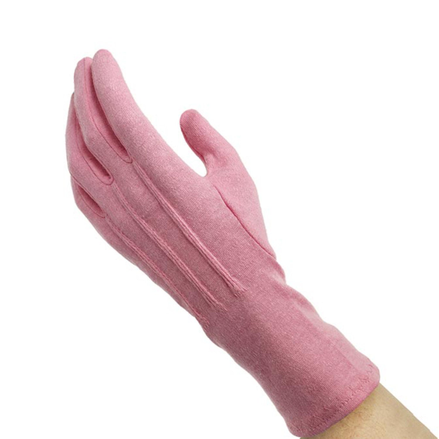 Dinkles pink long-wrist cotton glove shown laid flat, with ribbed military-style back seam, extended cuff past wrist, made for Breast Cancer Awareness and polished uniform appearance