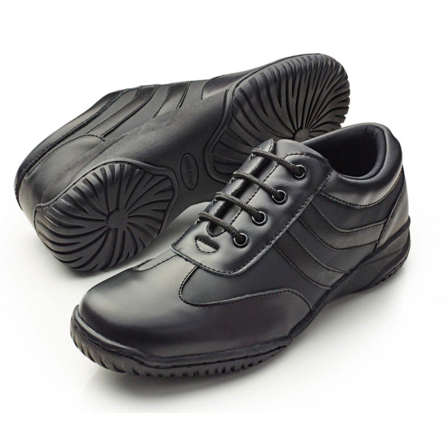 Dinkles Spin color guard shoe in black synthetic upper with split‑sole, lightweight mesh panels, lace‑up closure, padded collar, and flexible dance sole