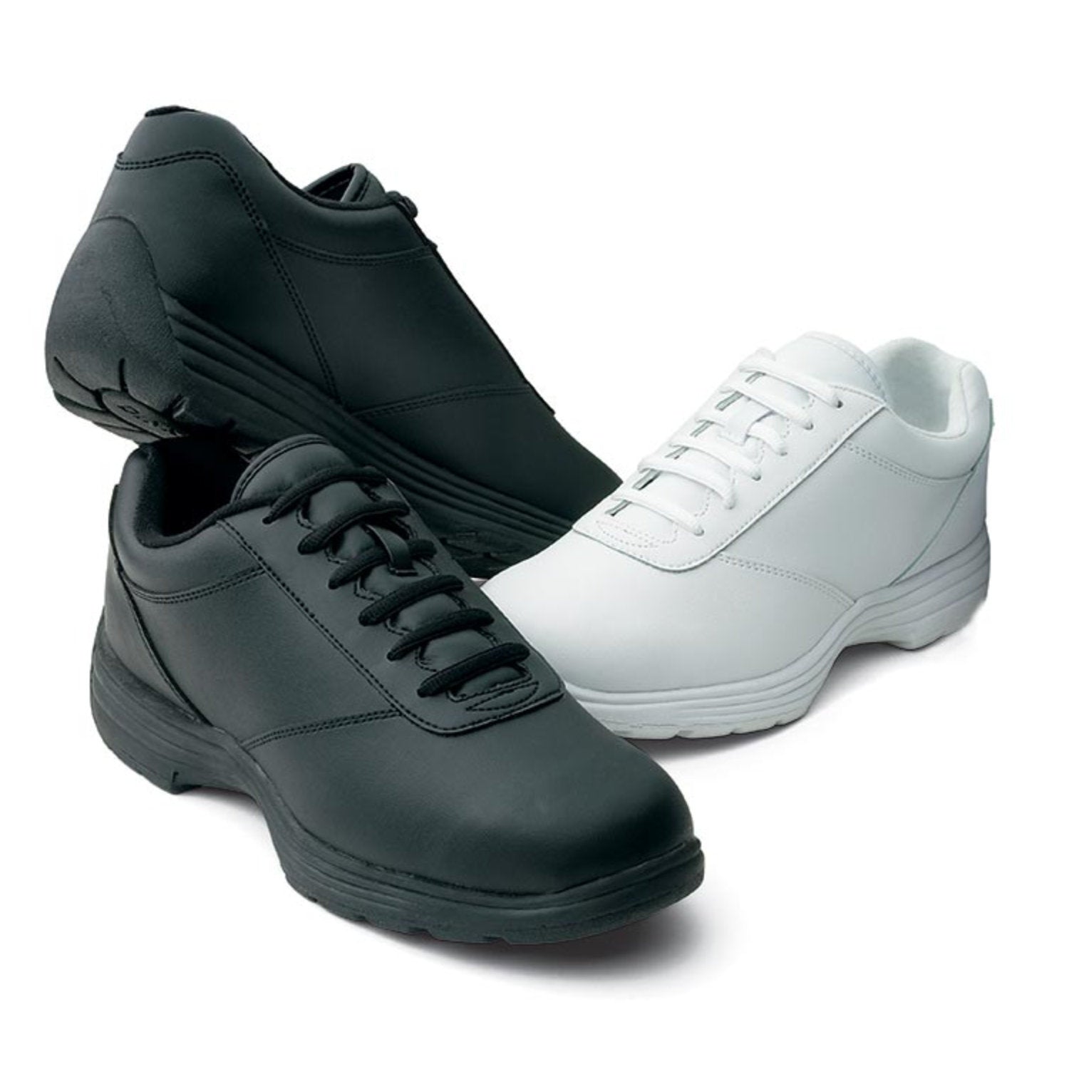 Dinkles Edge marching band shoe in black/white polished vinyl with lace-up oxford styling, padded collar, and low-profile rubber heel—designed for precision parade and field performance.