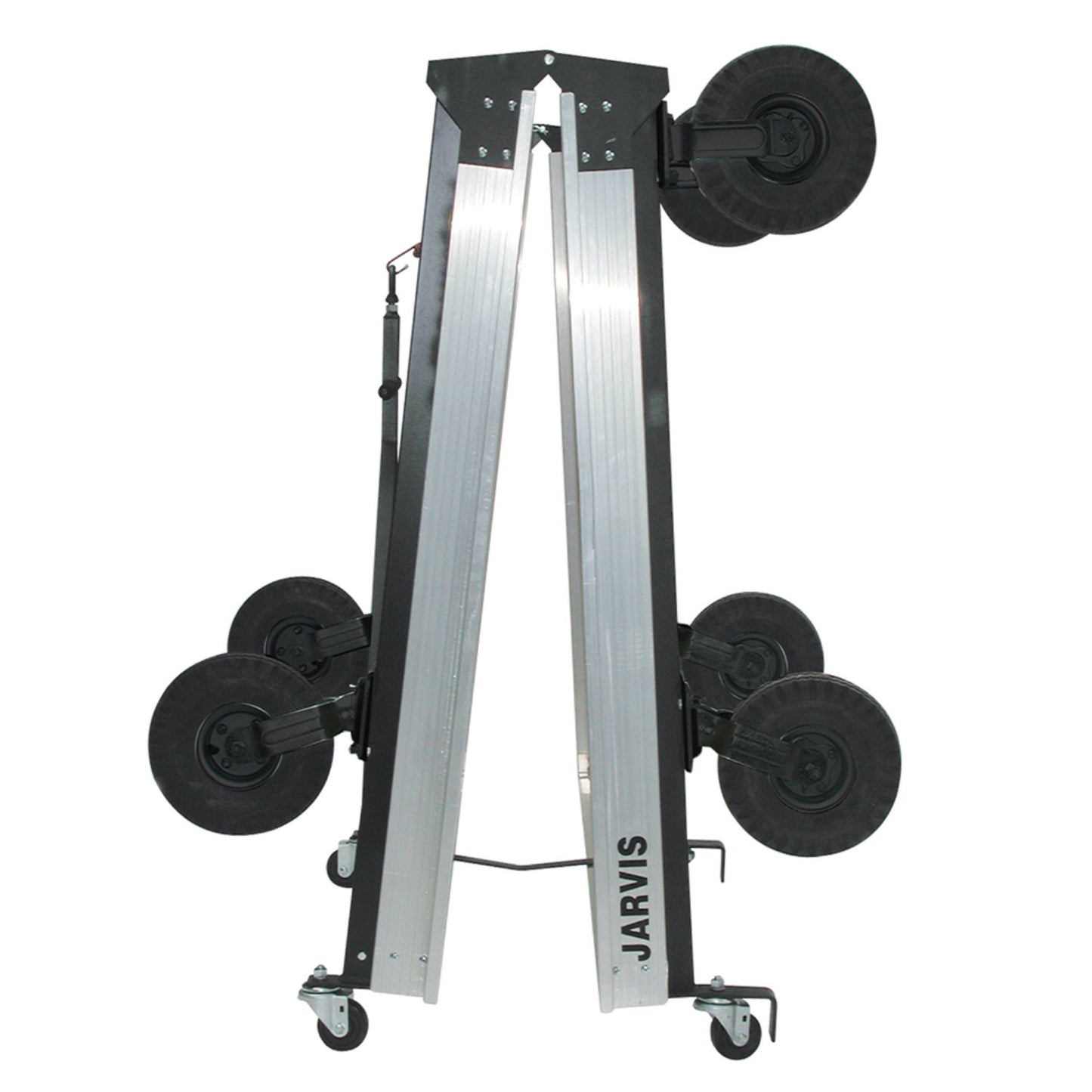 Jarvis utility wagon folded profile with handle collapsed and wheels tucked underneath steel deck—compact and ready for easy storage or vehicle loading