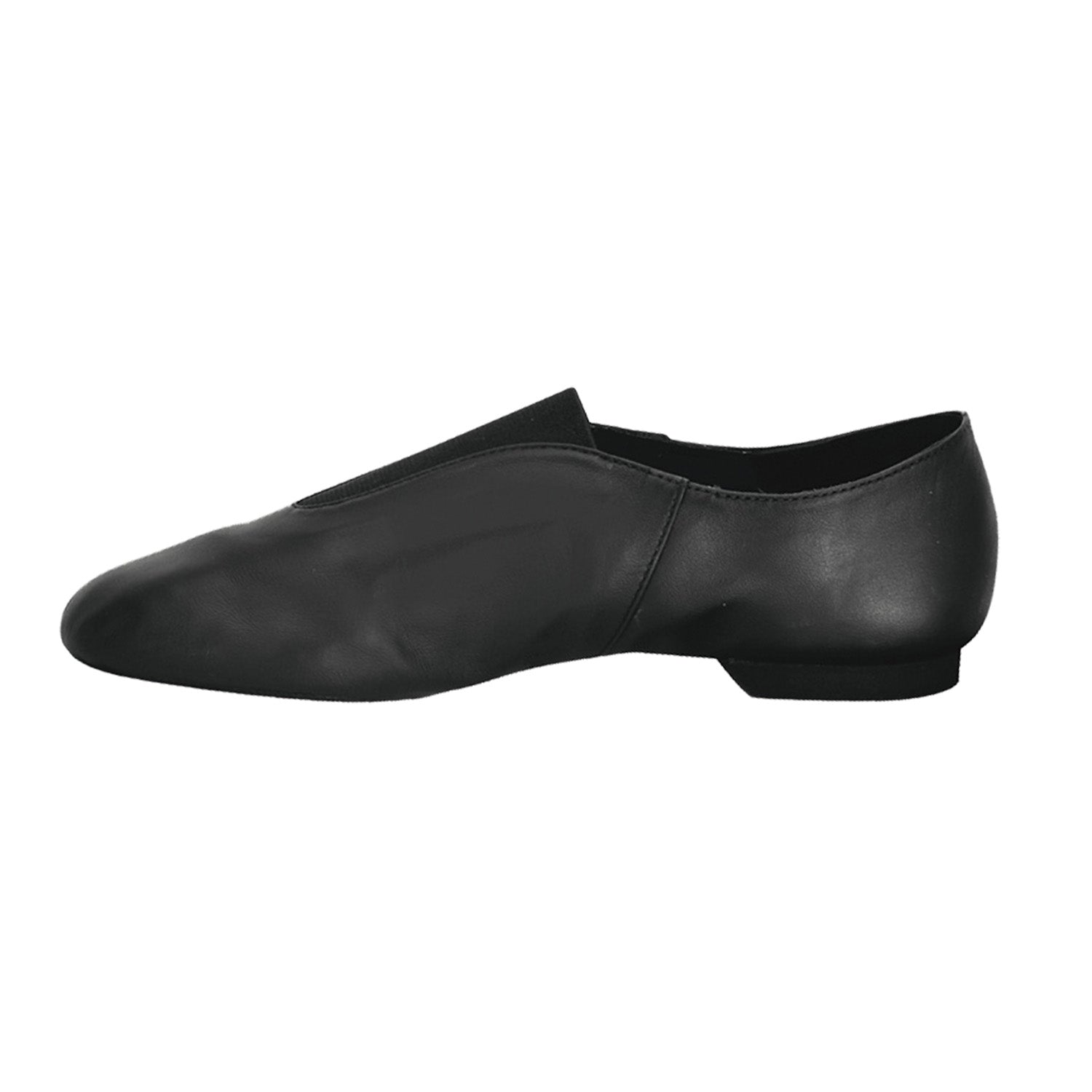 Value Jazz split-sole guard shoe in black full-grain leather, laceless elastic upper, sewn sole, rubber traction pad and EVA heel built for flexible turn support