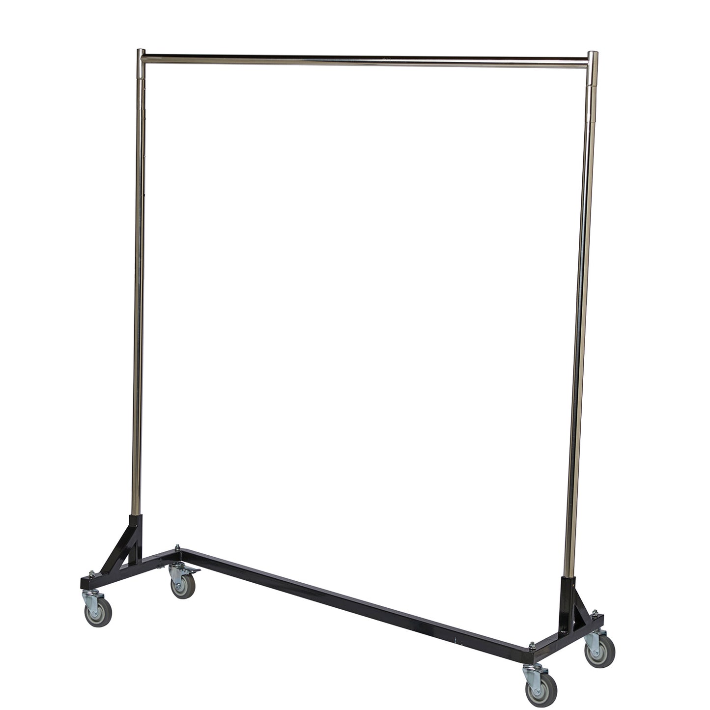 Vivace single-tier Z‑style uniform storage rack with chrome vertical poles, black powder-coated Z-base, and four swivel casters—designed to hold full-length garment bags.