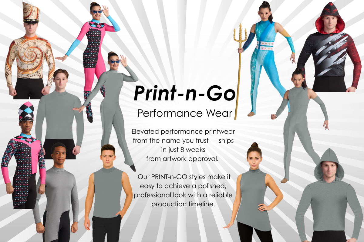 Print-n-Go Performance Wear by Algy featuring customizable marching band and color guard performance apparel, including tunics, unitards, hoodies, and tops. Custom printed garments ship in approximately 8 weeks from artwork approval.